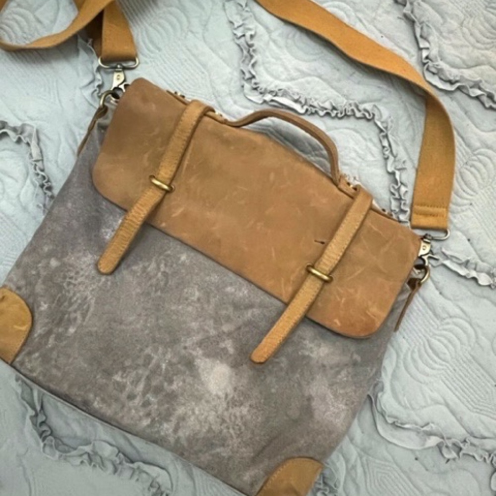Leather and Metallic Canvas Messenger Bag